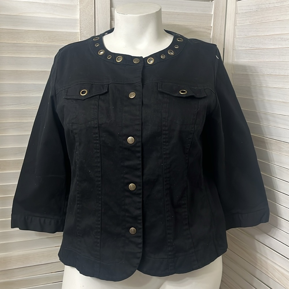Grommet detail Black Stretch Jacket.  14/16